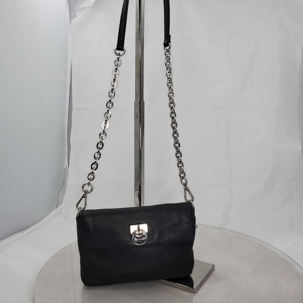 Calvin Klein Black Pebbled Leather Chain Crossbody Bag Small Logo Ring Flap